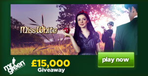 Logo akce Mr Green Casino slaví uvedení výherního automatu Miss White rozdáváním 15 tisíc GBP
