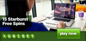 Logo akce Unibet Casino láká hráče patnácti Free Spiny na výherním automatu Starburst