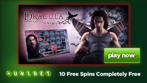 Logo akce Užijte si i vy 10 Free Spinů na výherním automatu Dracula na Unibet Casinu